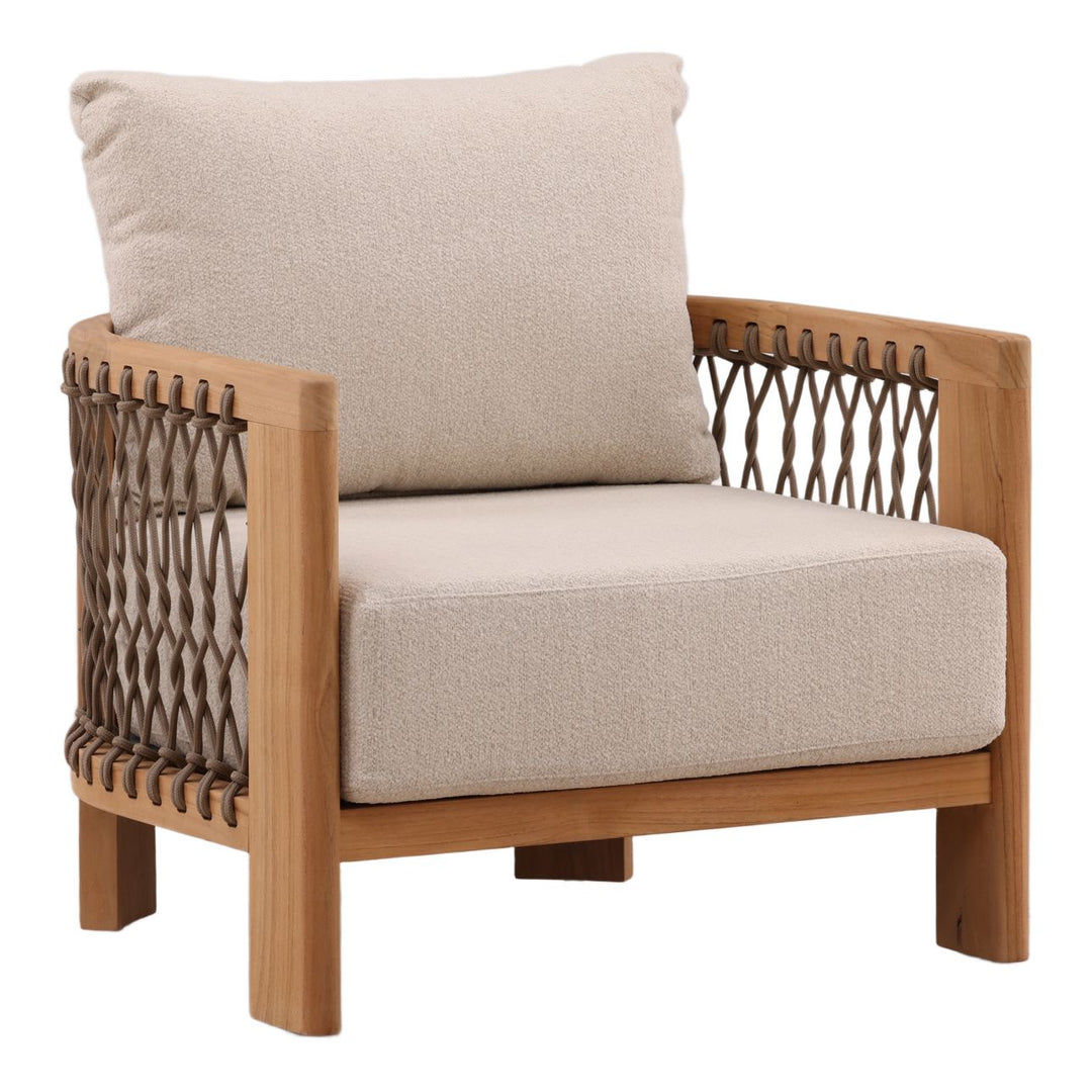 Mersren Sand Teak Outdoor Lounge Chair, three-quarter studio view
