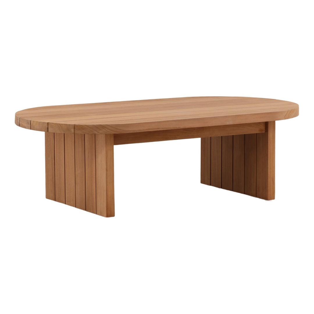 Meryl Teak Outdoor Coffee Table, three-quarter studio view