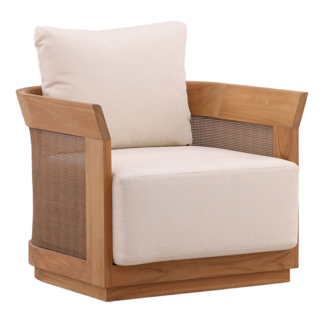 Cressren Cream Teak Outdoor Lounge Chair, three-quarter studio view