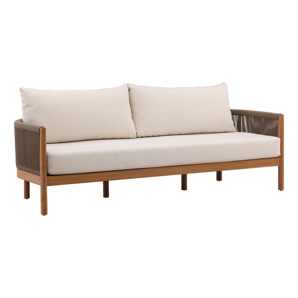 Janren Cream Teak Outdoor Sofa, three-quarter studio view