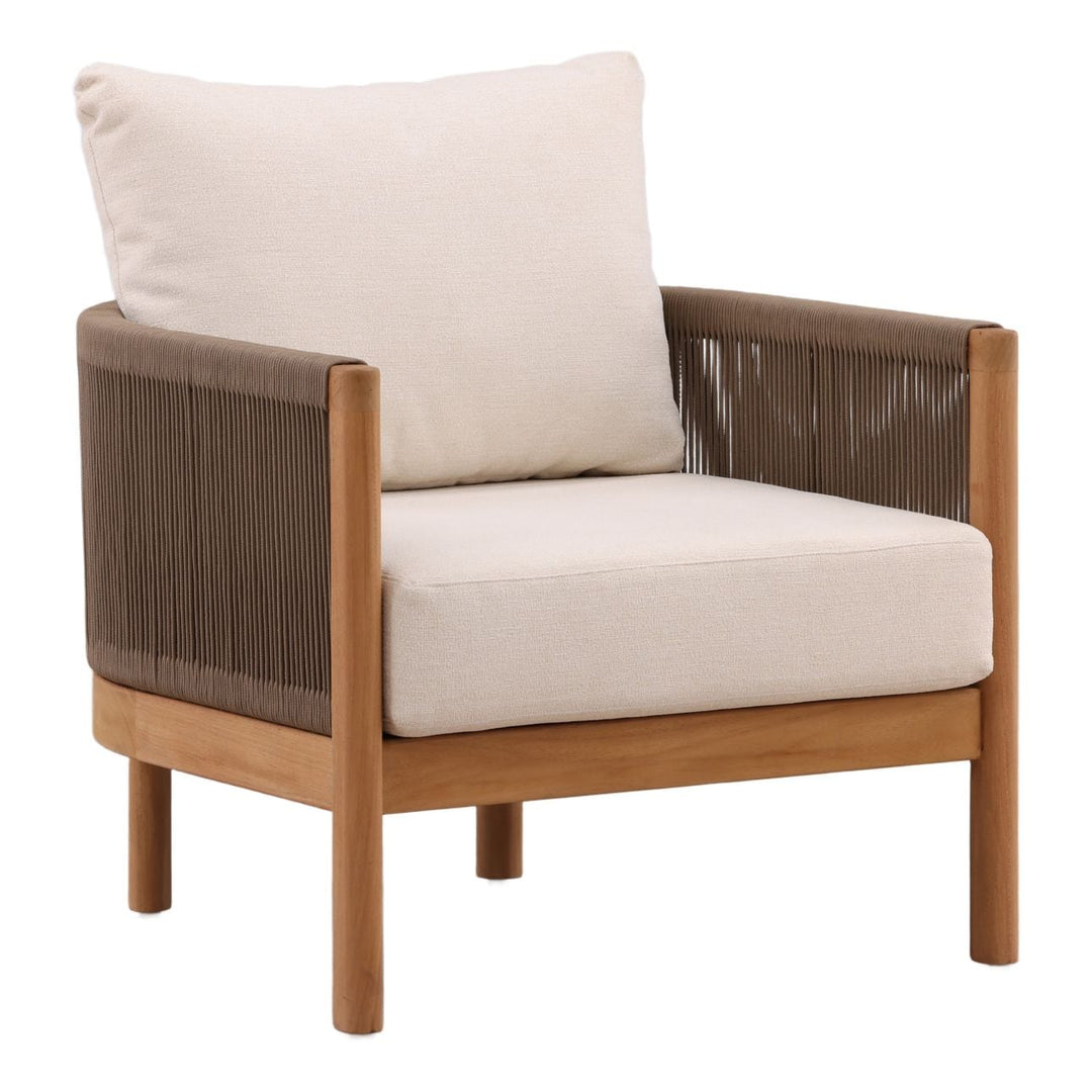 Janren Cream Teak Outdoor Lounge Chair, three-quarter studio view