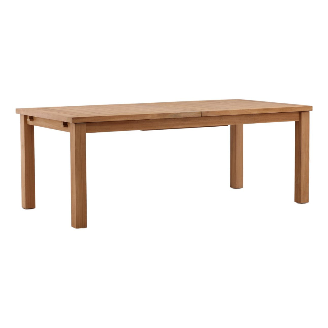 Colette Extendable Teak Outdoor Dining Table, three-quarter studio view