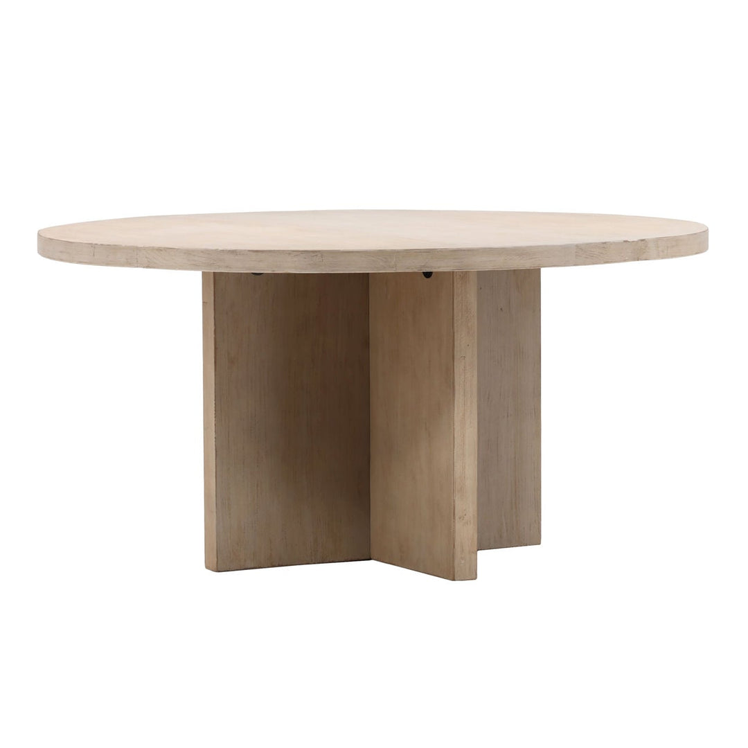 Hartley Reclaimed Pine Round Dining Table, Light Warm Wash, three-quarter studio view