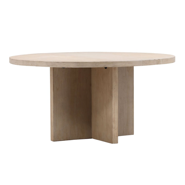 Hartley Reclaimed Pine Round Dining Table, Light Warm Wash, three-quarter studio view