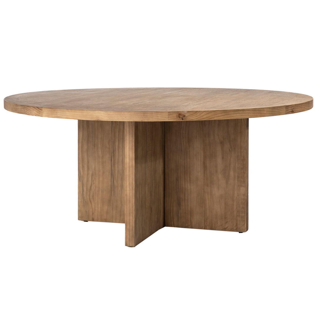 Hartley Reclaimed Pine Round Dining Table, Natural, three-quarter studio view