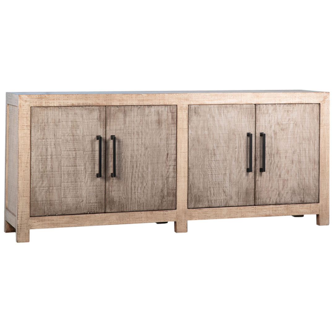 Meridian Reclaimed Pine Sideboard, Warm Wash · Four Door, three-quarter studio view