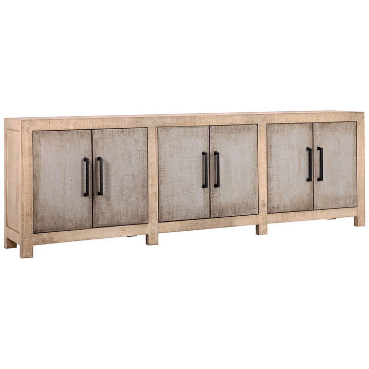 Meridian Reclaimed Pine Sideboard, Warm Wash · Six Door, three-quarter studio view