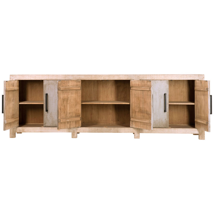 Meridian Reclaimed Pine Sideboard, Warm Wash · Six Door, open door view