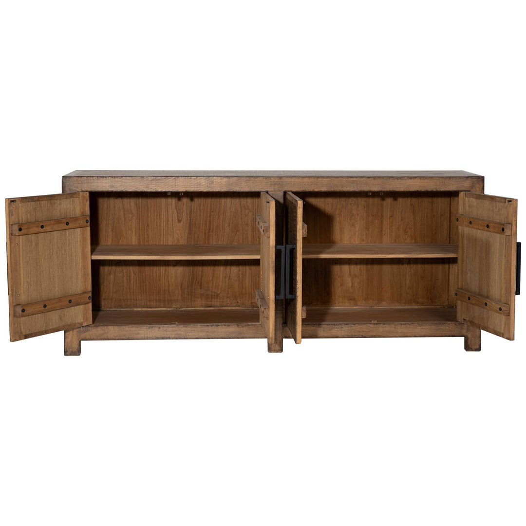 Meridian Reclaimed Pine Sideboard, Medium Brown · Four Door, open door view