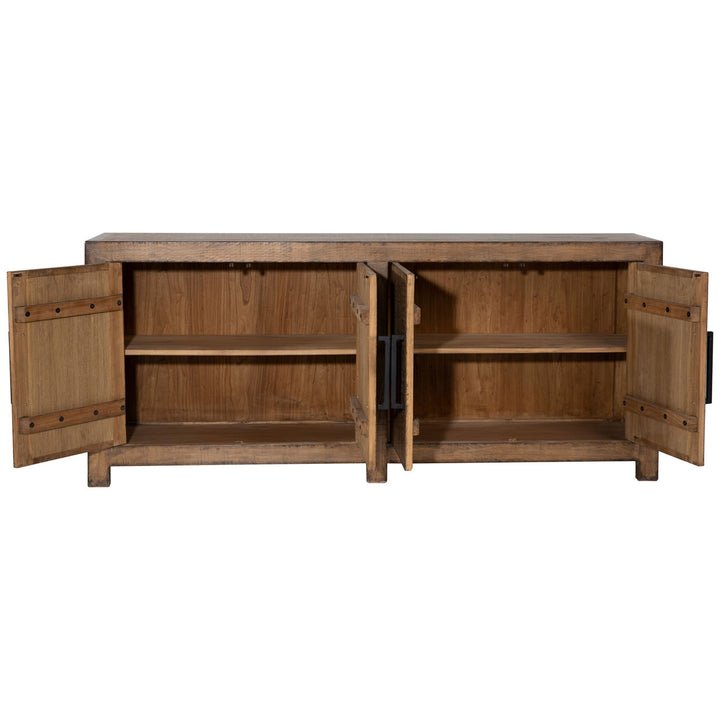 Meridian Reclaimed Pine Sideboard, Medium Brown · Four Door, open door view
