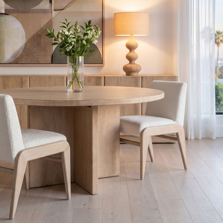Harbor Reclaimed Pine Round Dining Table, Light Warm Wash, lifestyle view