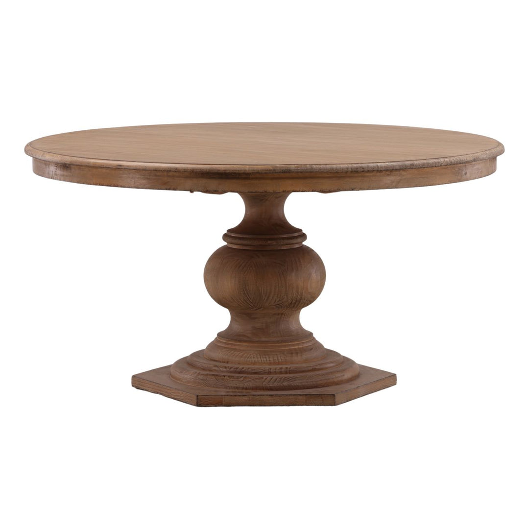 Pella Reclaimed Pine Round Dining Table, 59-inch · Antique Natural, three-quarter studio view