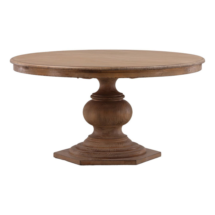 Pella Reclaimed Pine Round Dining Table, 59-inch · Antique Natural, three-quarter studio view