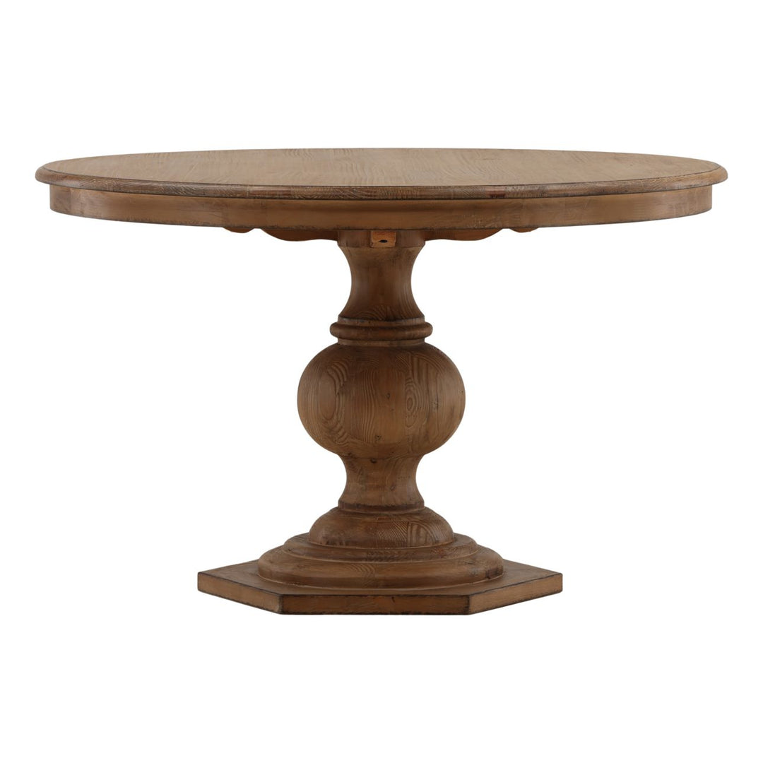 Pella Reclaimed Pine Round Dining Table, 48-inch · Brown Wash, three-quarter studio view