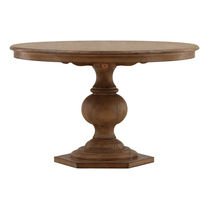 Pella Reclaimed Pine Round Dining Table, 48-inch · Brown Wash, three-quarter studio view