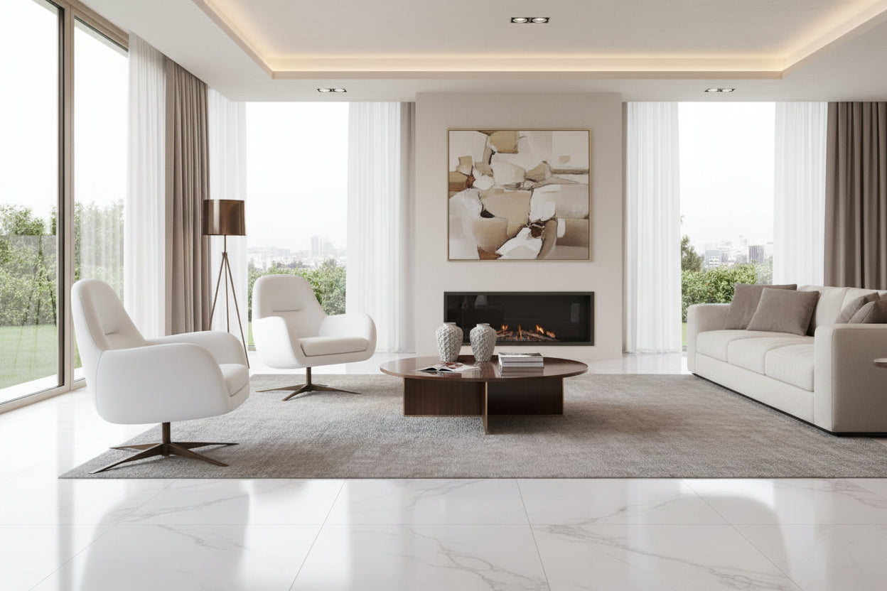 White swivel lounge chairs in a bright modern living room with a fireplace