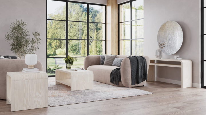 Drake Ash Wood Coffee Table in Sugar — lifestyle photo