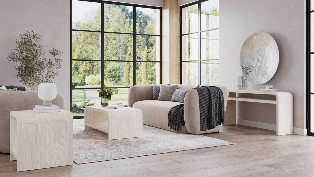 Drake Ash Wood Console Table in Sugar — lifestyle photo