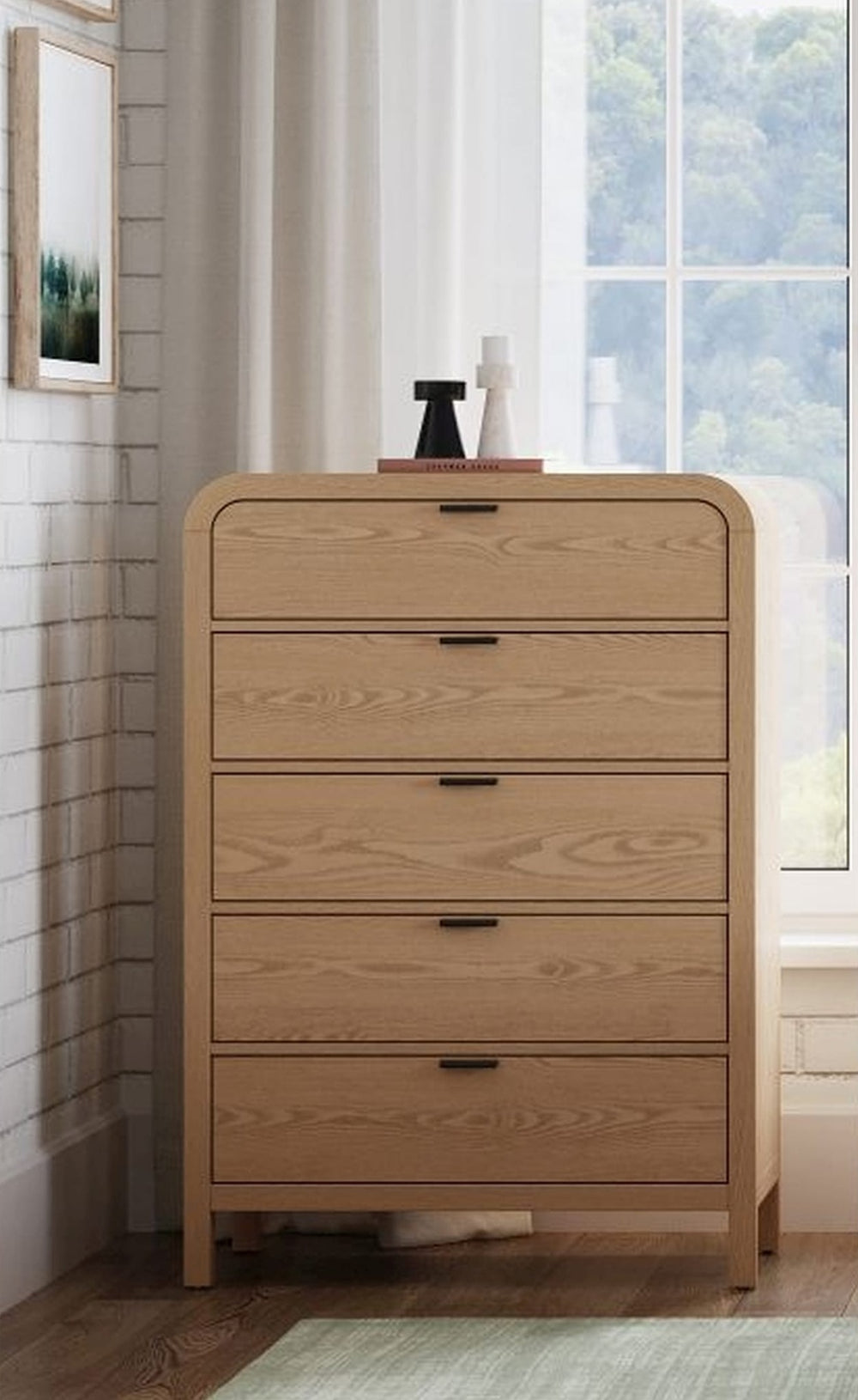 Drake Five Drawer Chest in Timber — styled in a room