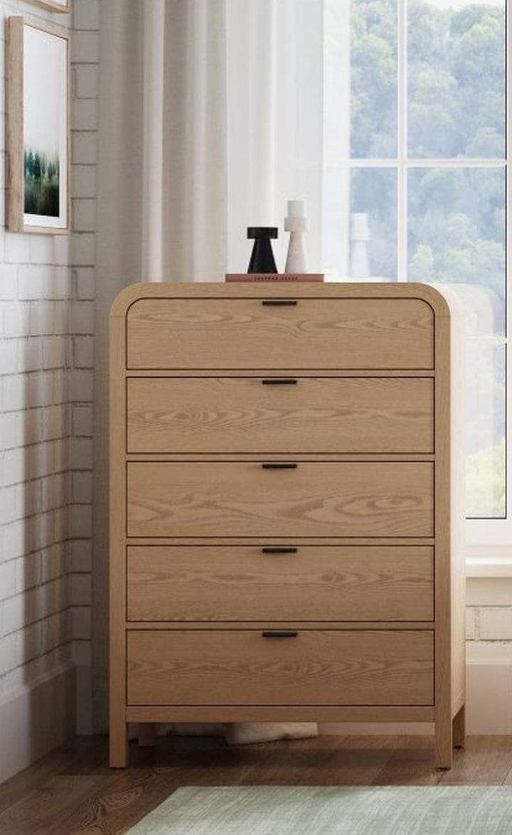 Drake Five Drawer Chest in Timber — styled in a room