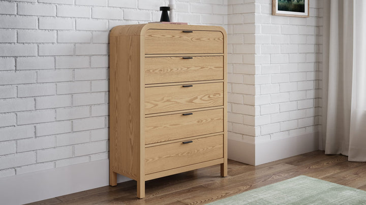Drake Five Drawer Chest in Timber — styled in a room
