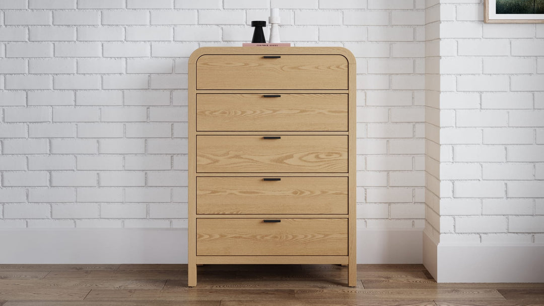 Drake Five Drawer Chest in Timber — styled in a room
