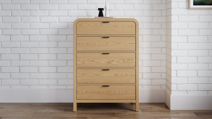 Drake Five Drawer Chest in Timber — styled in a room