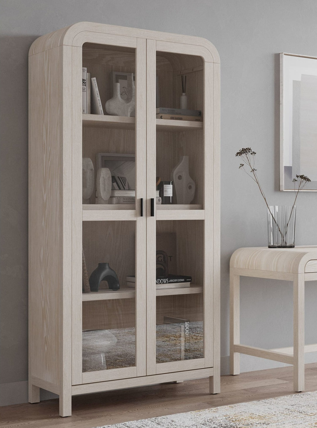 Drake Glass Door Bookcase in Sugar — lifestyle photo