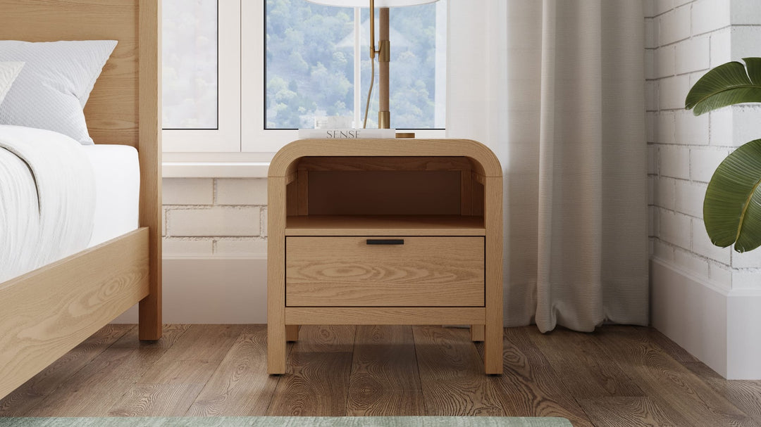 Drake One Drawer One Shelf USB-Charging Nightstand in Timber — in a bedroom setting