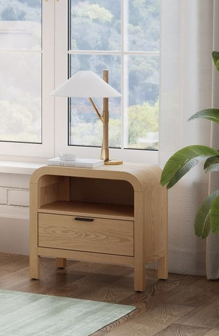 Drake One Drawer One Shelf USB-Charging Nightstand in Timber — styled in a room