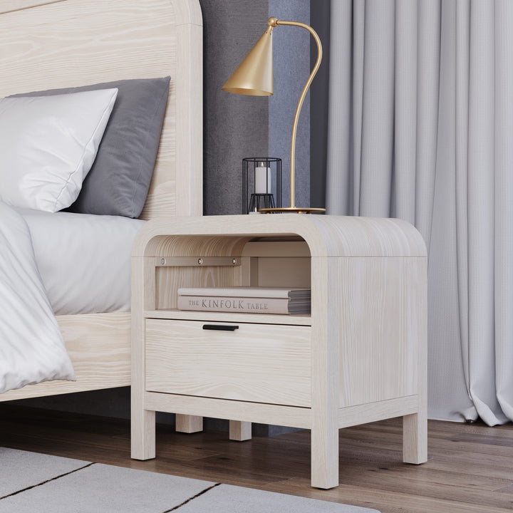 Drake One Drawer One Shelf USB-Charging Nightstand in Sugar — in a bedroom setting