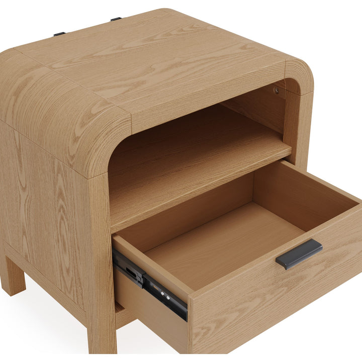 Drake One Drawer One Shelf USB-Charging Nightstand in Timber — with drawers open