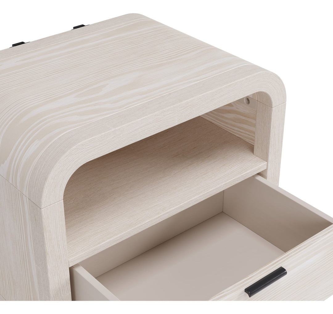 Drake One Drawer One Shelf USB-Charging Nightstand in Sugar — with drawers open