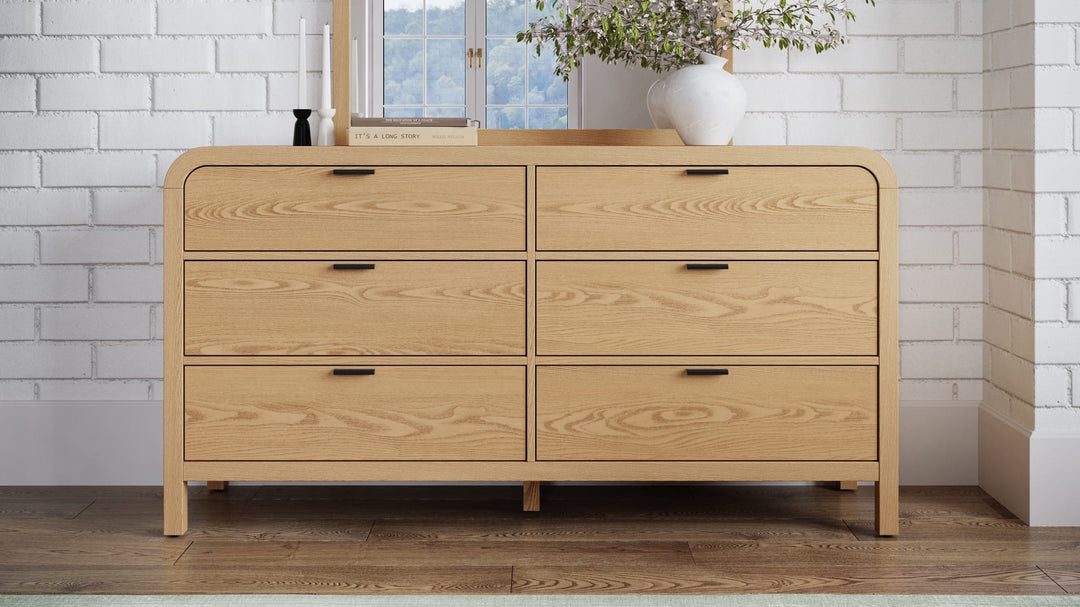 Drake Six Drawer Dresser in Timber — styled in a room