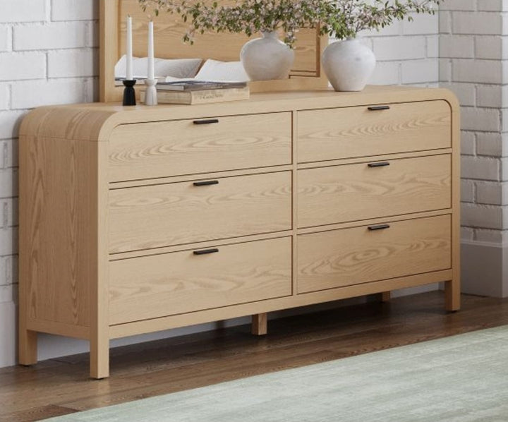 Drake Six Drawer Dresser in Timber — styled in a room
