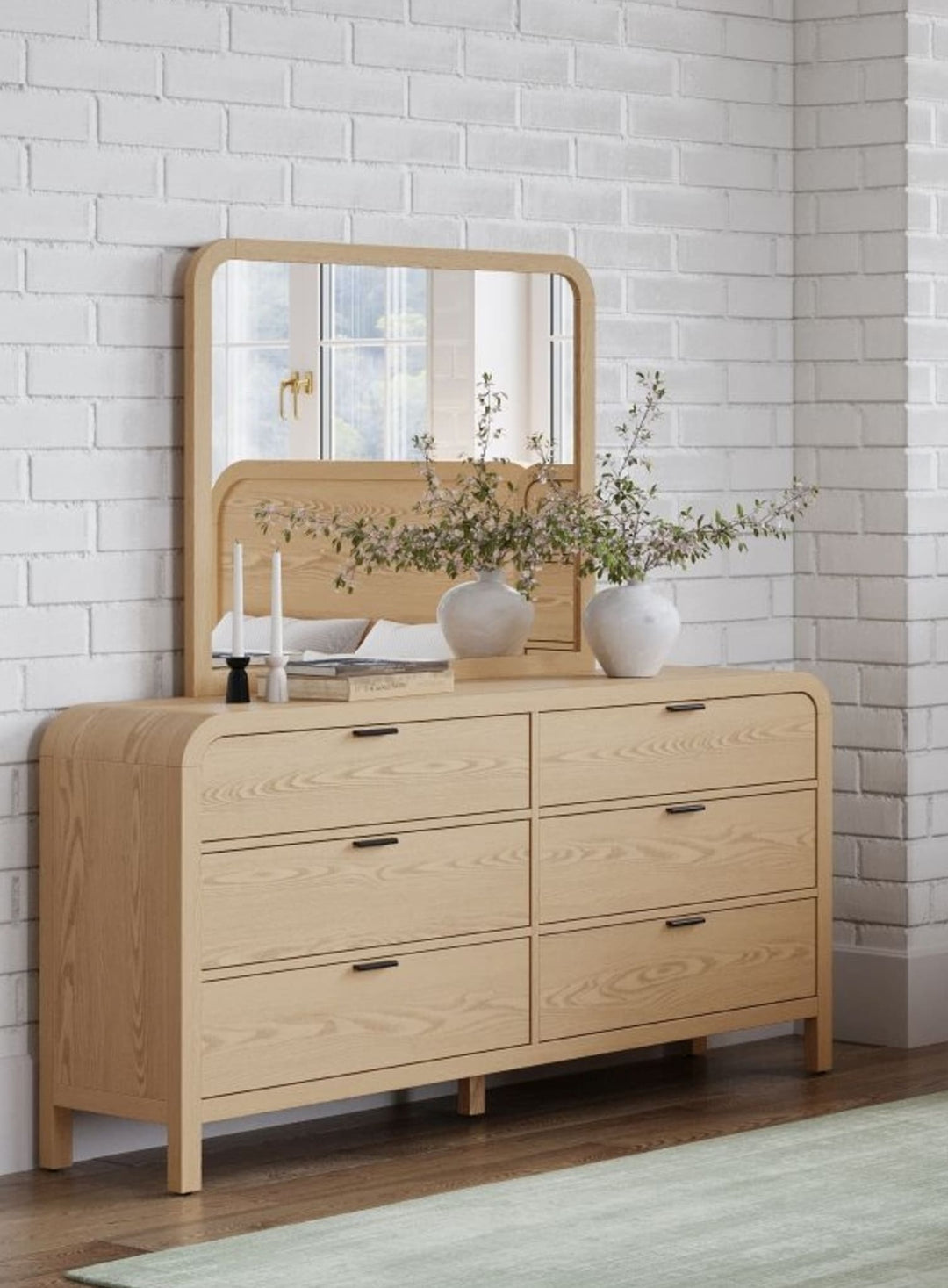 Drake Six Drawer Dresser in Timber — styled with the matching mirror (sold separately)