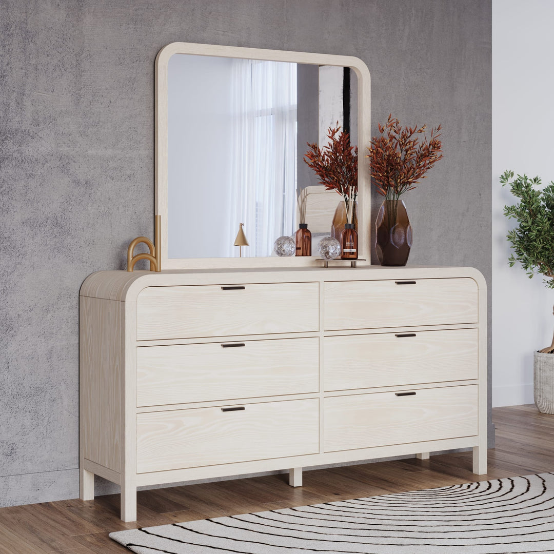 Drake Six Drawer Dresser in Sugar — styled with the matching mirror (sold separately)