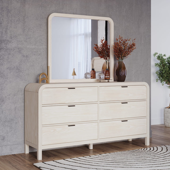 Drake Six Drawer Dresser in Sugar — styled with the matching mirror (sold separately)