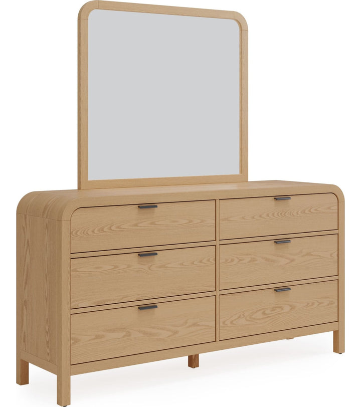 Drake Six Drawer Dresser in Timber — on a white background with the matching mirror (sold separately)