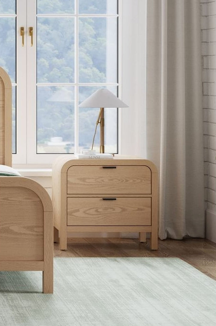 Drake Two Drawer USB-Charging Nightstand in Timber — in a bedroom setting