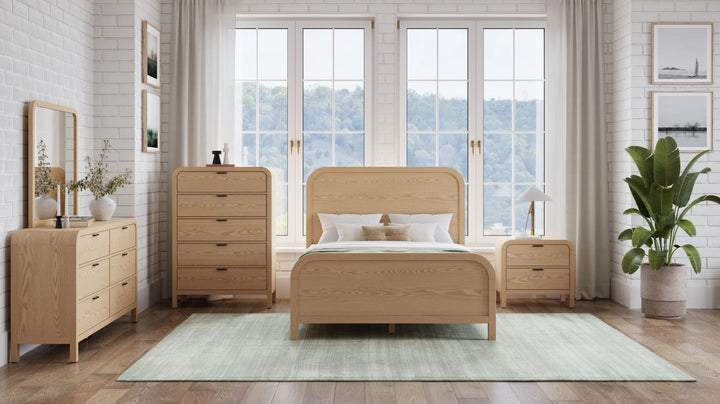 Drake Two Drawer USB-Charging Nightstand in Timber — in a bedroom setting