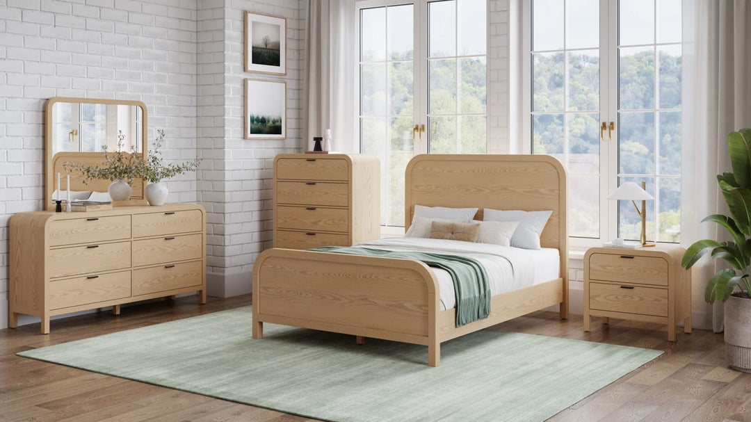 Drake Two Drawer USB-Charging Nightstand in Timber — in a bedroom setting