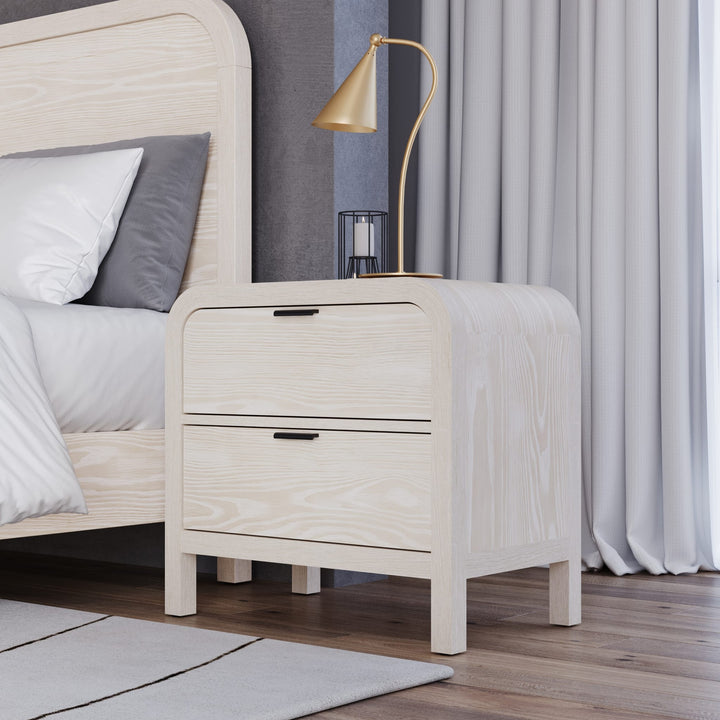 Drake Two Drawer USB-Charging Nightstand in Sugar — in a bedroom setting