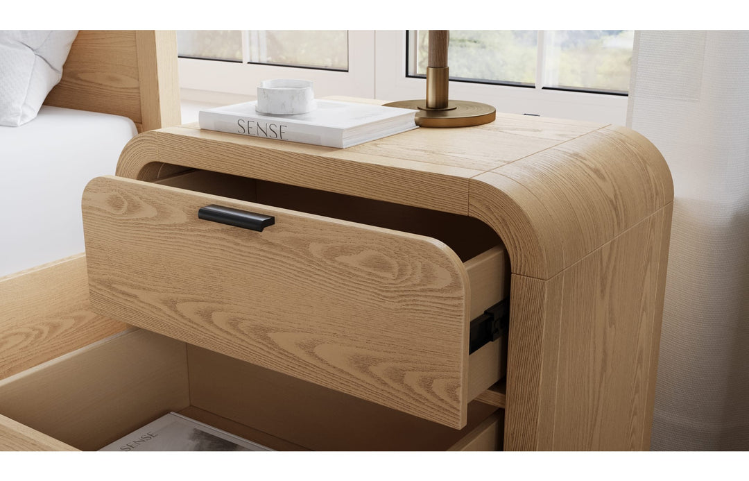 Drake Two Drawer USB-Charging Nightstand in Timber — with drawers open