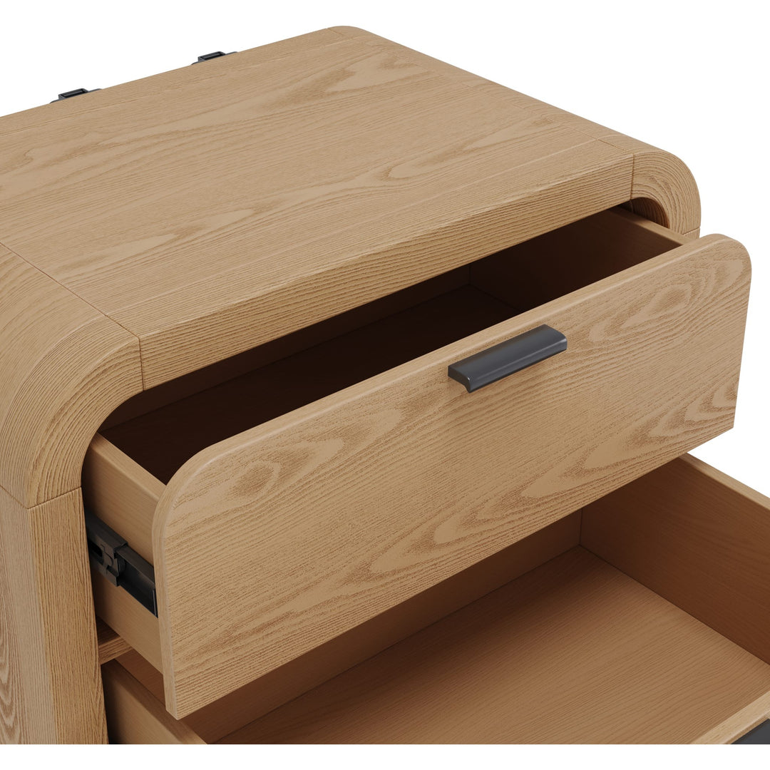 Drake Two Drawer USB-Charging Nightstand in Timber — with drawers open