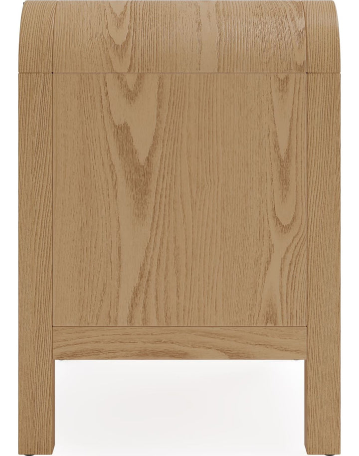 Drake Two Drawer USB-Charging Nightstand in Timber — side view