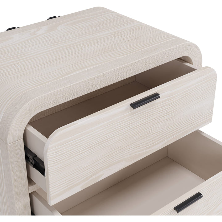 Drake Two Drawer USB-Charging Nightstand in Sugar — with drawers open