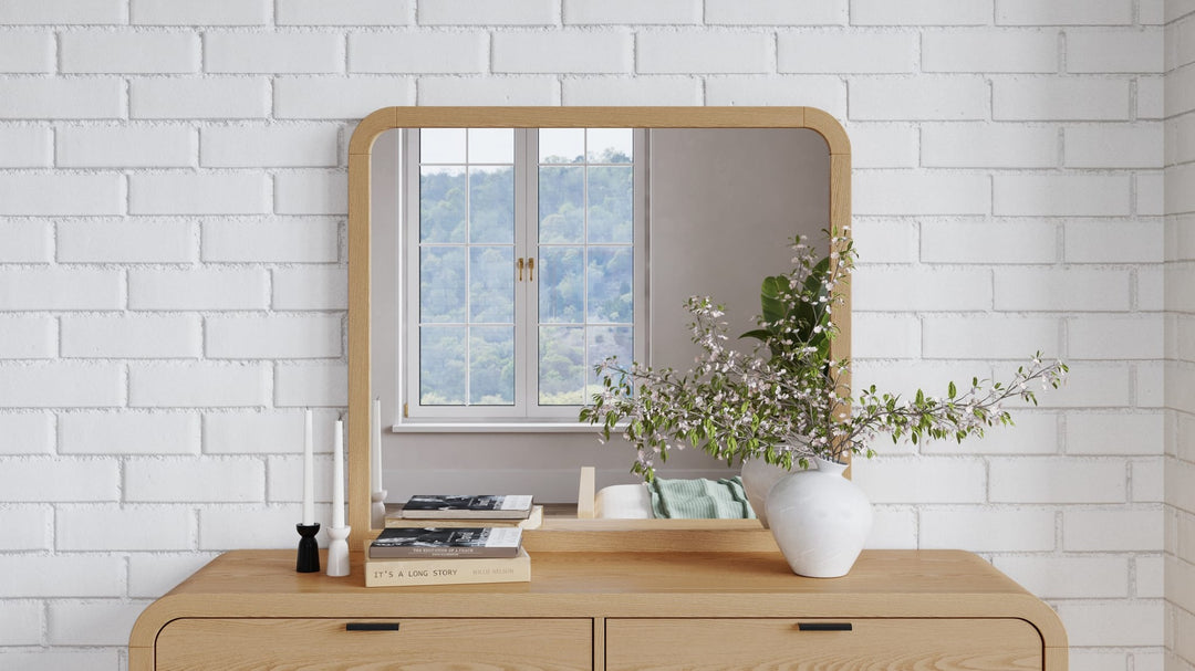 Drake Wall or Dresser Mirror in Timber — styled on the matching dresser (sold separately)