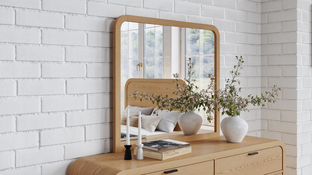 Drake Wall or Dresser Mirror in Timber — styled on the matching dresser (sold separately)