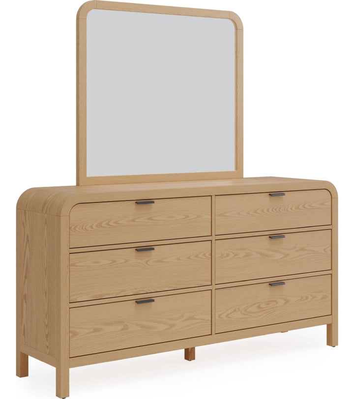 Drake Wall or Dresser Mirror in Timber — on a white background, mounted on the matching dresser (sold separately)